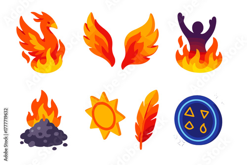 Vibrant Phoenix Icons. Isometric vector illustration set Storytelling icons – phoenix bird, flame wings, ash pile; rising