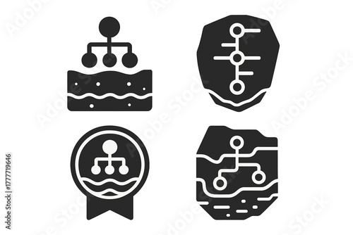 Organizational Layers Icons. Solid style icons of organization layers: department strata icon, structural timeline, operational