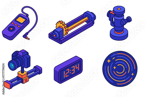 Photography Equipment Icons. Isometric vector illustration set Film and photography – time-lapse kit, intervalometer, NFD cable;