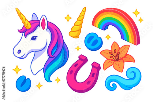 Mythical Unicorn Icons. Isometric vector illustration set Mythology and folklore – unicorn head, spiraled horn, flowing mane; hoof