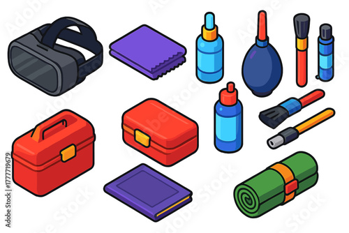VR Cleaning Essentials. Isometric vector illustration set VR gaming setup – virtual reality lens cleaner, microfiber cloth,