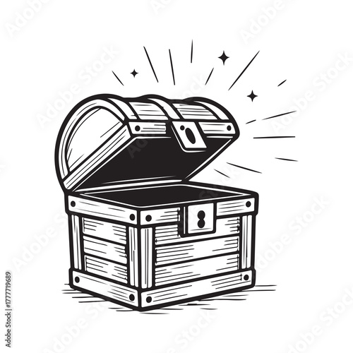 Vintage wooden treasure chest opened revealing hidden riches and sparkling light rays