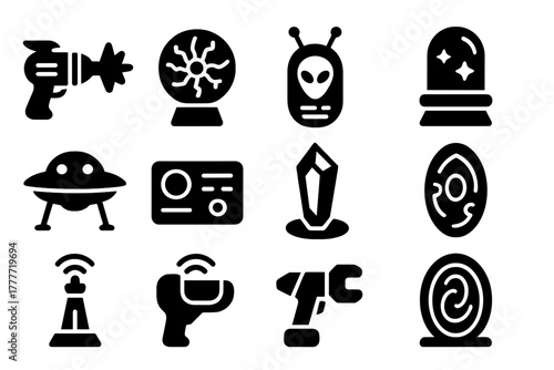 Alien Technology Icons. Solid style icons of alien technology: raygun, plasma orb, alien communicator, teleportation pad, alien
