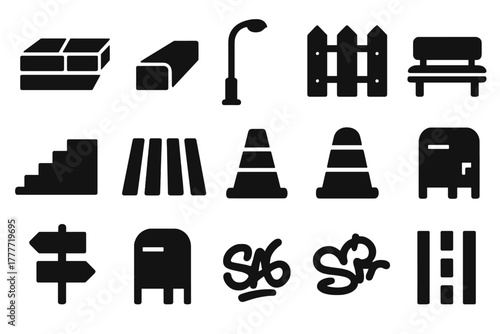 Street Elements Icons. Solid style icons of Street elements: sidewalk, curb, streetlight, fence, stairs, crosswalk, traffic cone,