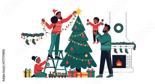 Joyful African American Family Decorating Christmas Tree Together For Holiday Celebration