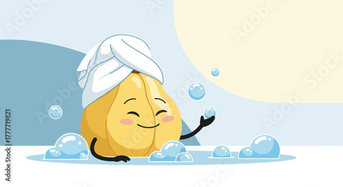 Joyful Apricot Cartoon Enjoying a Relaxing Bubble Bath in a Whimsical Illustrated Scene