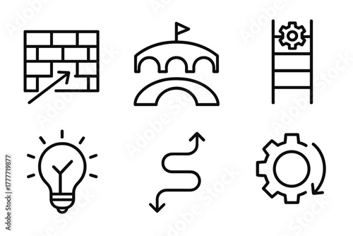 CBE Solutions Icons. Line style icons of challenges and solutions in CBE: barrier wall icon, bridge to mastery, problem-solving