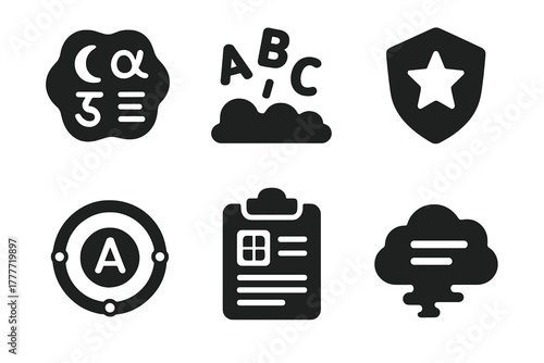 Dream Language Icons. Solid style icons of dream language decoding: surreal script glyph, floating letters icon, symbol badge.