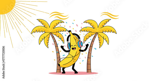 Joyful Banana Character Enjoying Music at Tropical Paradise Underneath a Glowing Sun