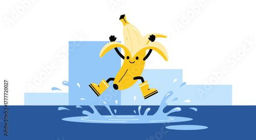 Joyful Banana Character Wearing Boots Having Fun in Splashing Water Illustration