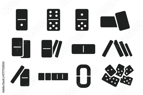 Dominoes Icon Set. Solid style icons of Domino layout: single tile, double five, single four, double zero, domino alignment,