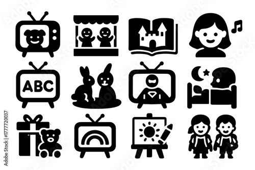 Children's Program Icons. Solid style icons of children programs: cartoon character on TV, puppet show, fairy tale icon, kids song