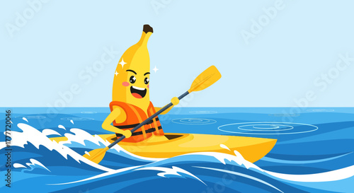 Joyful Banana Embarks on Kayaking Adventure with a Playful and Cheerful Expression