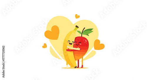 Joyful Banana Embracing a Red Apple Within a Heart-Shaped Delightful Design