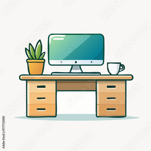 Modern Office Desk with Computer and Plant.