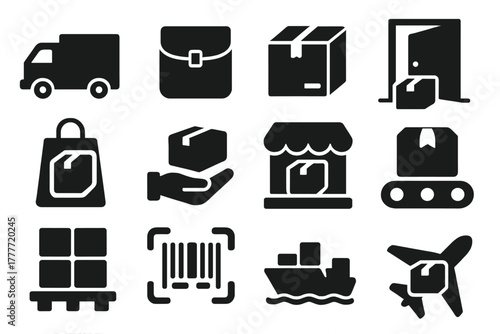 Receiving Goods Icons. Solid style icons of Receiving goods: delivery truck, courier bag, package box, door delivery, shopping