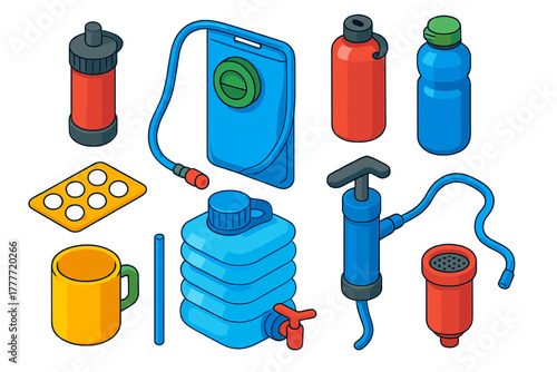Camping Water Essentials. Isometric vector illustration set Camping essentials – water filter, hydration bladder, water bottles;