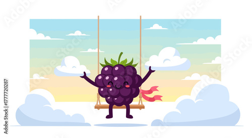 Joyful Blackberry Character Enjoying the Day on a Swing with Cloudy Sky Backdrop