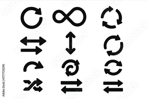 Arrow Cycle Icons. Solid style icons of Arrows cycle: arrow loop, infinity arrow, circle arrows, left-right arrows, up-down arrows