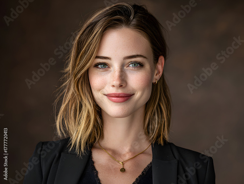 woman in formal attire smiling confidently at