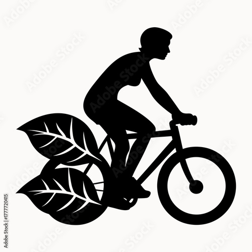 Silhouette of a woman riding a bicycle with leaves attached to the front wheel in black and white art