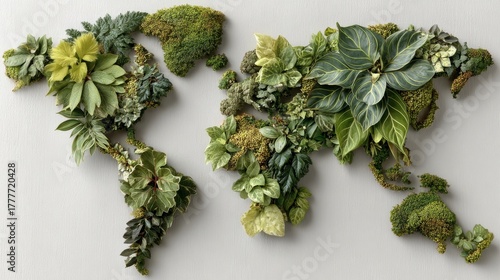 World Map Displayed with Lush Greenery and Vibrant Plant Life