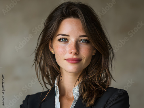 woman in formal attire smiling confidently at