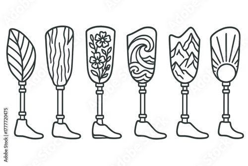 Nature-Inspired Prosthetic Designs. Line style icons of nature-inspired prosthetic aesthetics: leaf-pattern shell, bark-texture