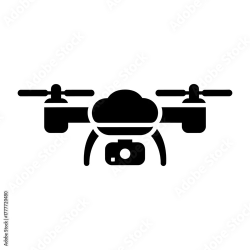 Black Silhouette Drone Icon with Camera on White Background