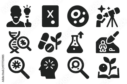 Scientific Discovery Icons. Solid style icons of Discovery: scientist eureka, new element find, cell discovery, star observation,