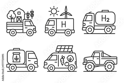 Hydrogen Trucks Line Icons. Line style icons of rural applications of hydrogen trucks: farm-to-market delivery, clean energy coop