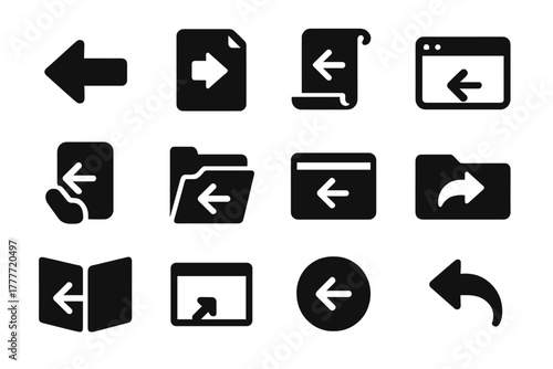Solid Navigation Icons. Solid style icons of navigation back: back arrow, previous page, document scroll up, browser back, app