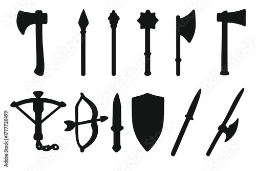 Solid Weapon Icons. Solid style icons of weapons: axe, spear, mace, halberd, crossbow, bow and arrow, shield, war hammer, flail,