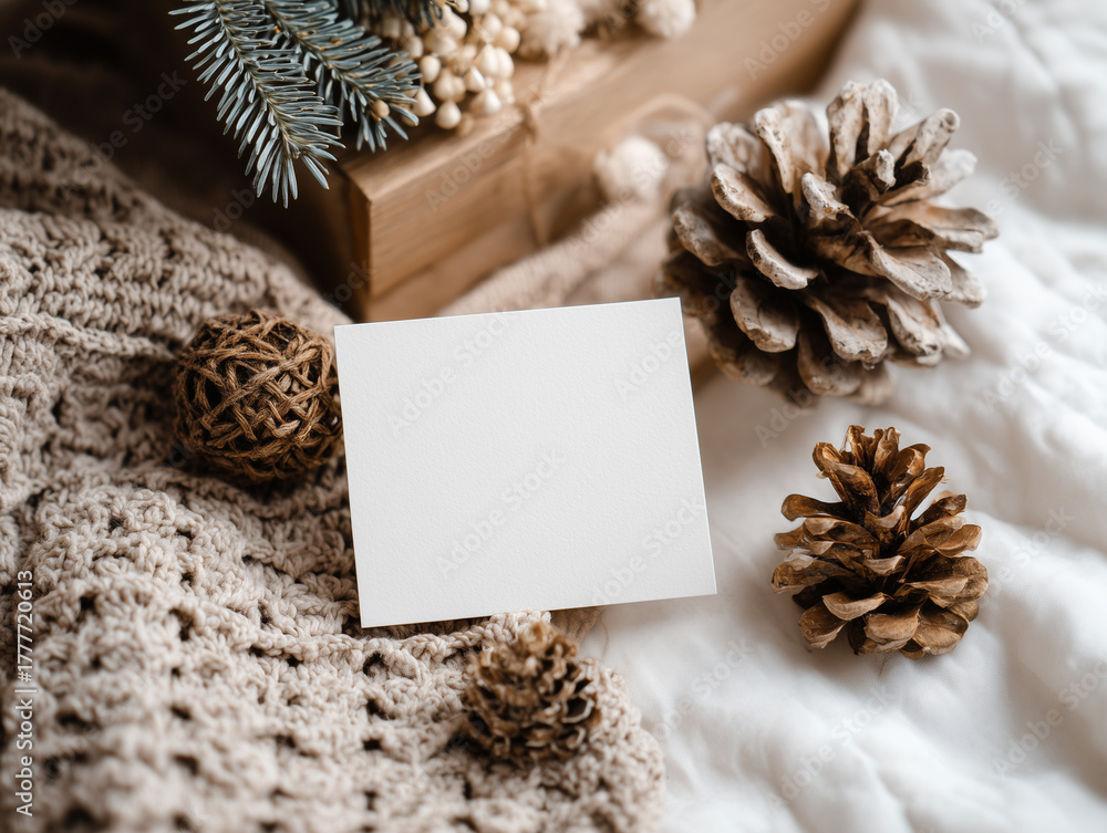 Fototapeta premium Blank card mock up on cozy knitted fabric surrounded by pine cones and decorative elements, creating a warm and inviting atmosphere for seasonal greetings and personal messages