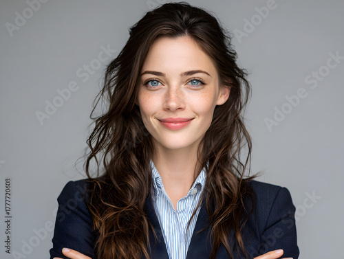 woman in formal attire smiling confidently at