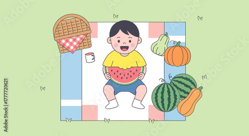 Joyful Boy Enjoying a Summertime Picnic with Fresh Watermelon and Seasonal Vegetables