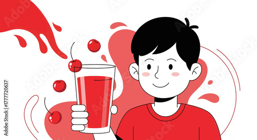 Joyful Boy Enjoying Delicious Cherry Juice with Fresh Fruits and Delightful Aroma