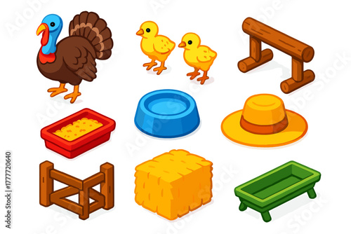 Farm Animals Icons. Isometric vector illustration set Farm animals – turkey, poults, roost perch; feed trough, water bowl, farmer