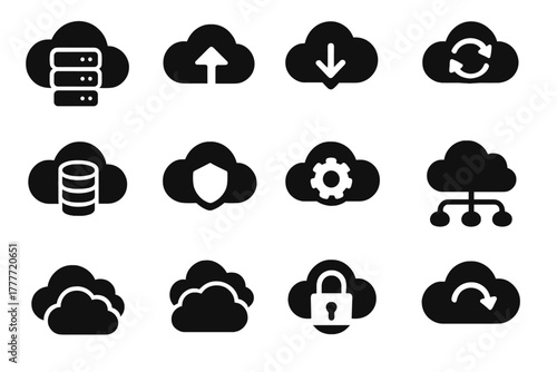 Cloud Computing Icons. Solid style icons of cloud computing: cloud server, upload arrow, download arrow, sync arrows, cloud