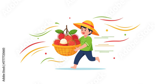 Joyful Boy Harvesting Fresh Rambutans Carried in Wicker Basket, Tropical Fruit Harvest Time