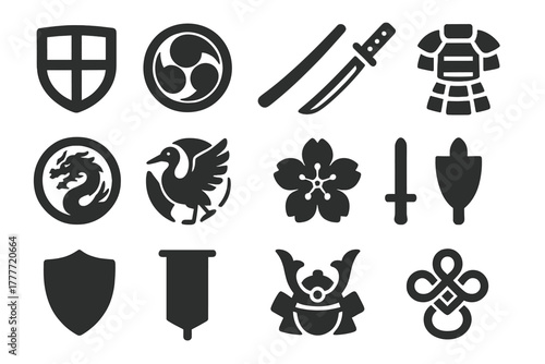 Samurai Icons Collection. Solid style icons of Samurai symbols and emblems: family crest, mon emblem, katana symbol, armor