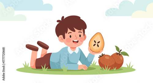 Joyful Child Discovering Delicious Fruit: A Colorful Illustration of Healthy Eating