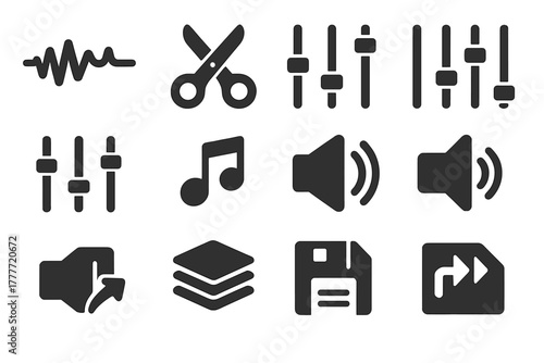 Sound Editing Icons. Solid style icons of sound editing: timeline waveform, scissors cut audio, equalizer adjustment, fader