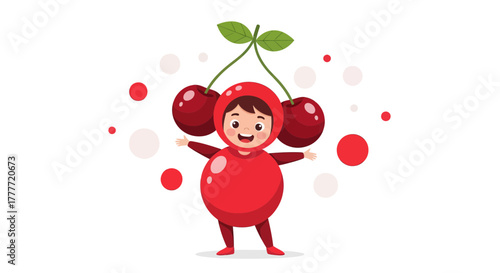 Joyful Child Dressed as a Playful Cherry Character, Smiling and Ready to Play
