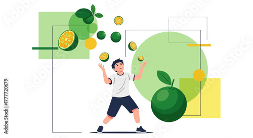 Joyful Boy Juggling Citrus Fruits in a Playful and Modern Vector Illustration