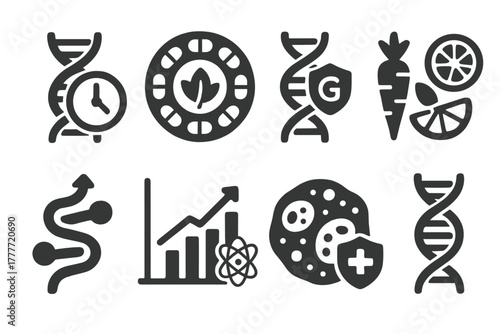 Nutrigenomics and Aging Icons. Solid style icons of nutrigenomics and aging: DNA + clock icon, anti-aging nutrient ring, longevity