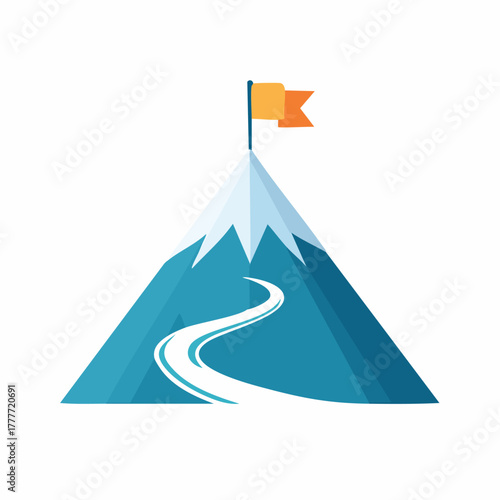 Mountain Peak Summit Flag Winding Path Success Goal Achievement.