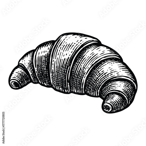 Detailed black and white sketch of a classic crescent shaped croissant with flaky layers