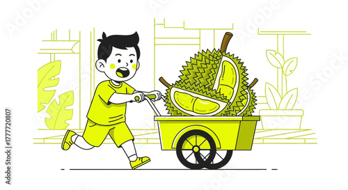 Joyful Boy Transporting Exquisite Durian Fruit With a Trolley for Sale