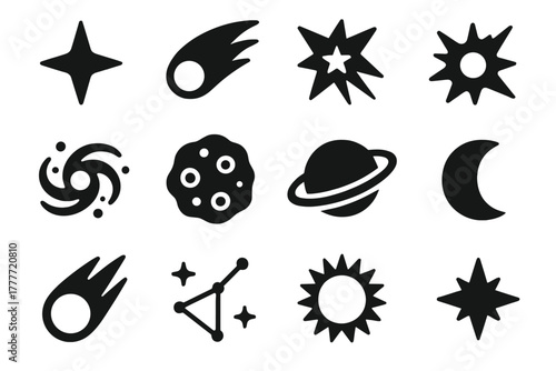 Celestial Icons Collection. Solid style icons of Stars and celestial bodies: shining star, comet, shooting star, supernova, nebula